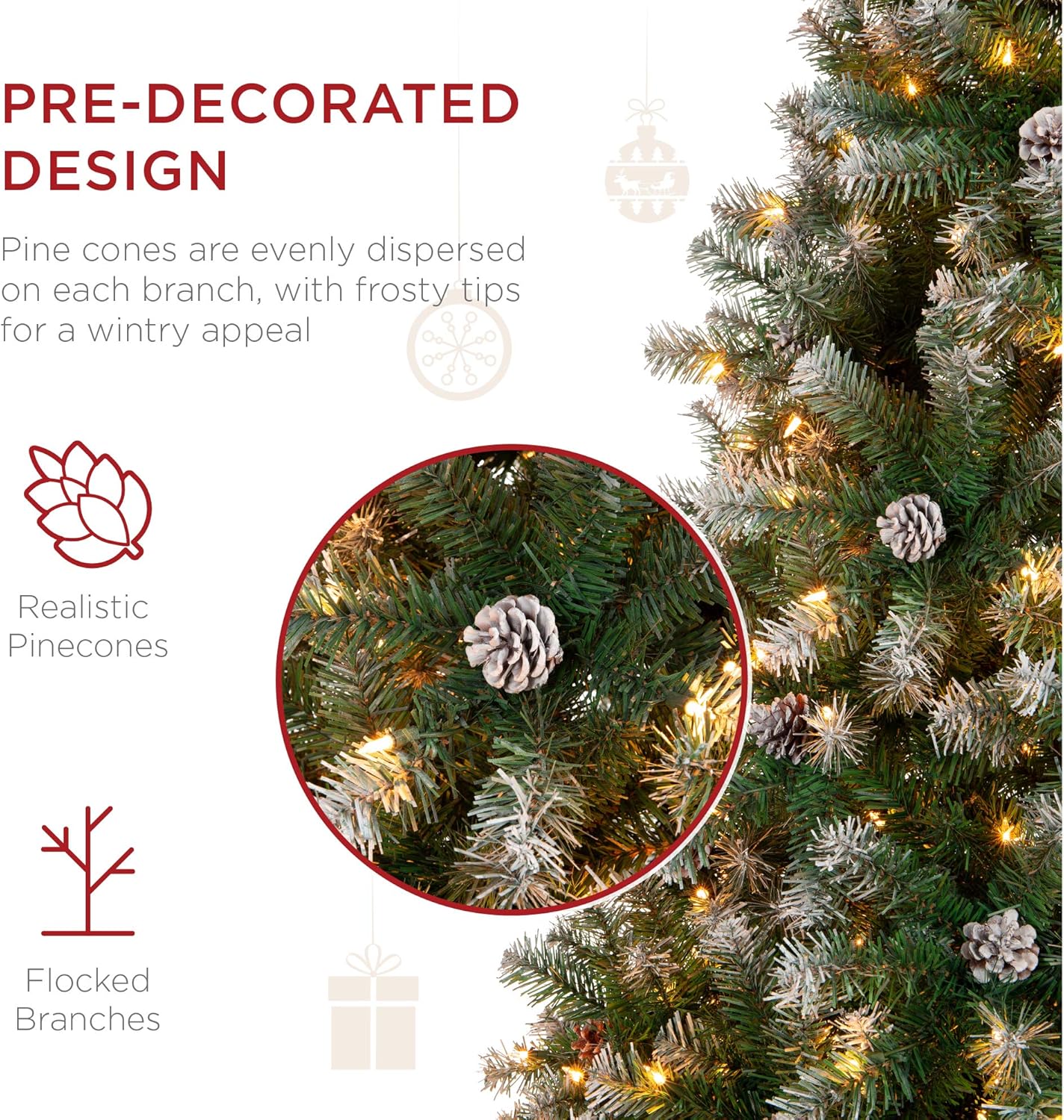 Pre Lit Pre Decorated Pine Artificial Christmas Tree Frosted 1,000 Tips with Pine Cones, 250 Lights &#x26; for Indoor Holiday Decor