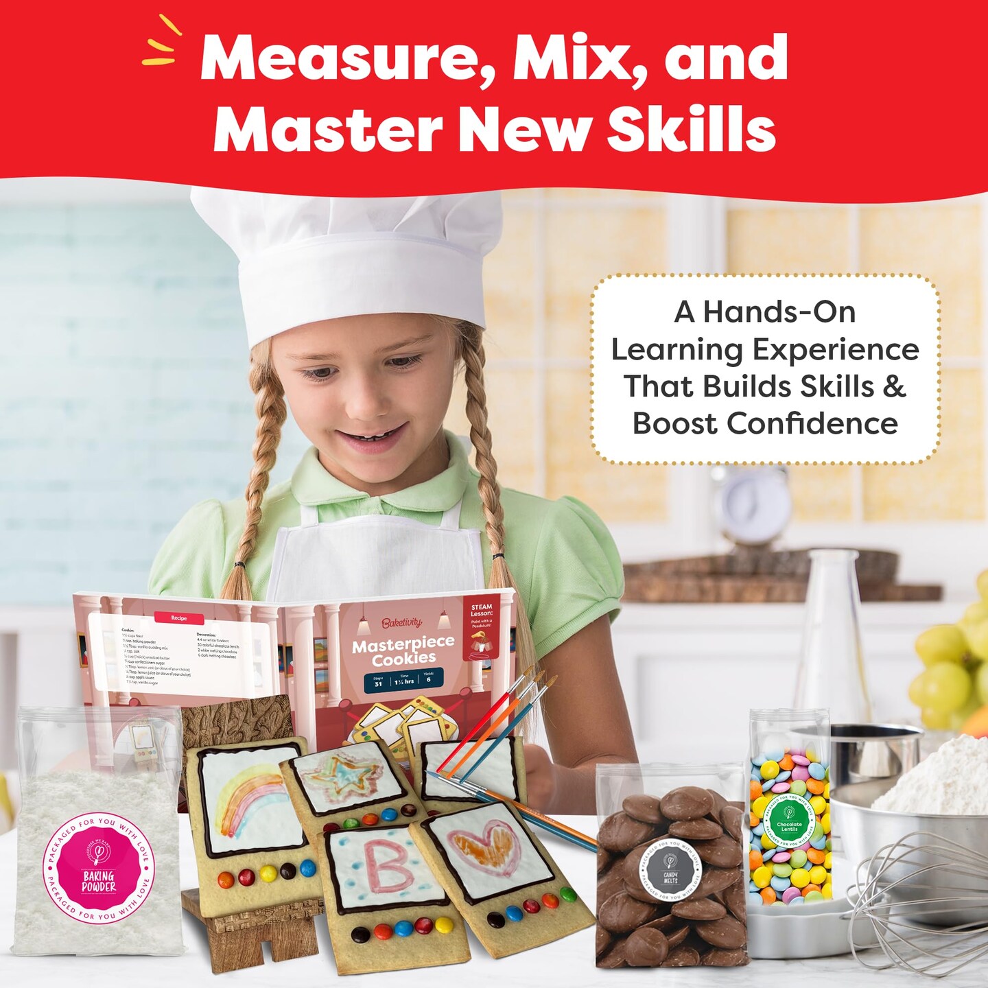Baketivity Masterpiece Cookies Kids Baking Kit - Cooking Kit for Kids with Premeasured Ingredients, Step by Step Instructions, Paint Brushes, Art Lessons -...
