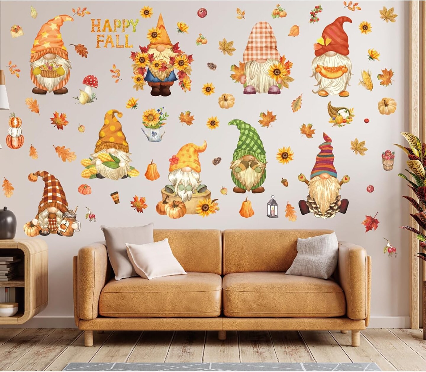 9 Sheet -Fall Wall Stickers Watercolor Gnomes Wall Art Decals Colorful Maple Leaves