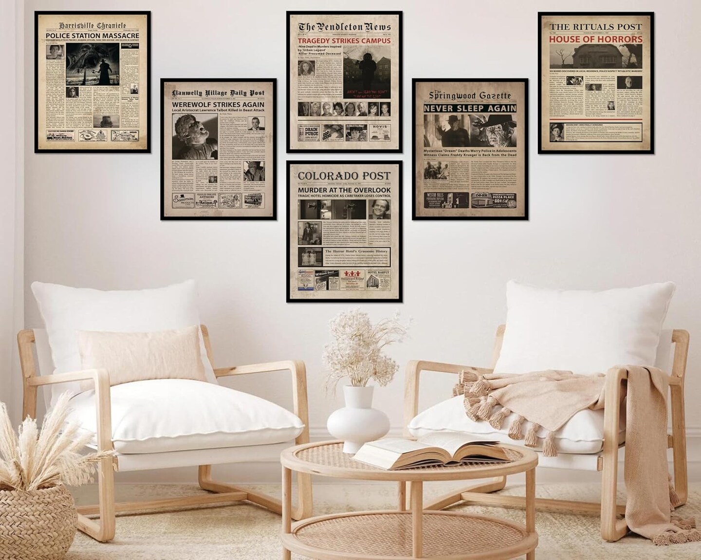 Vintage Horror Movie Newspaper Posters – 8x10 Inches, Unframed, Gothic & Witchy Halloween Wall Art