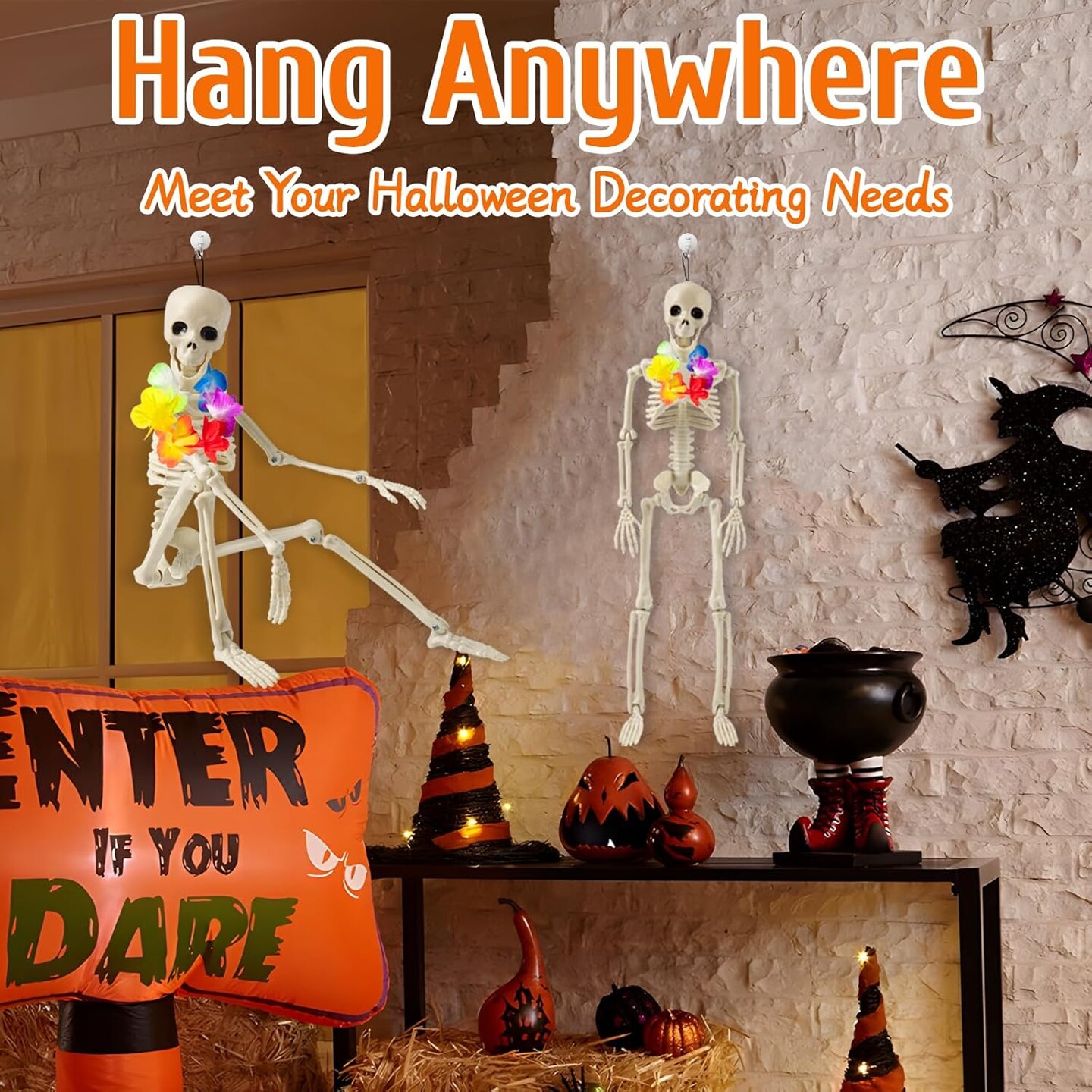 2 Pack Skeleton Decor With Wreathes, 16" Posable Plastic Mini Skeletons