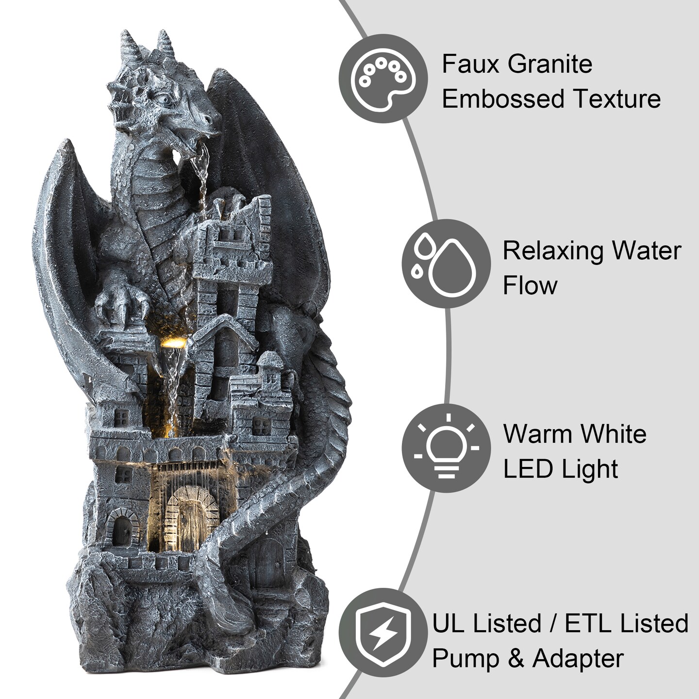 36.5&#x22;H Mystical Gothic Dragon Perched Atop The Castle Sculptural 4-Tier Polyresin Outdoor Floor Fountain with Pump and LED Light (KD)