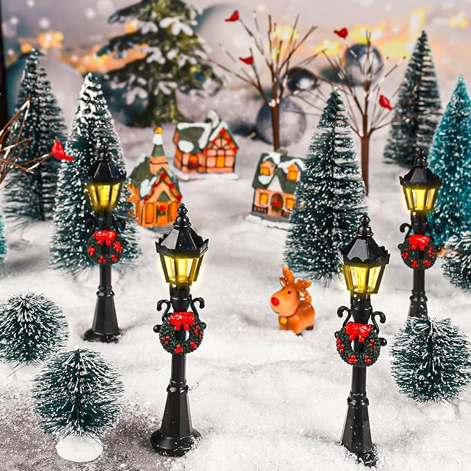 16 PCS Christmas Figurine Village Accessories, Christmas Mini Street Light Models with Brush Trees, Miniature Christmas Pathway Street Lamps Lantern Post for DIY Micro Landscape Fairy Garden