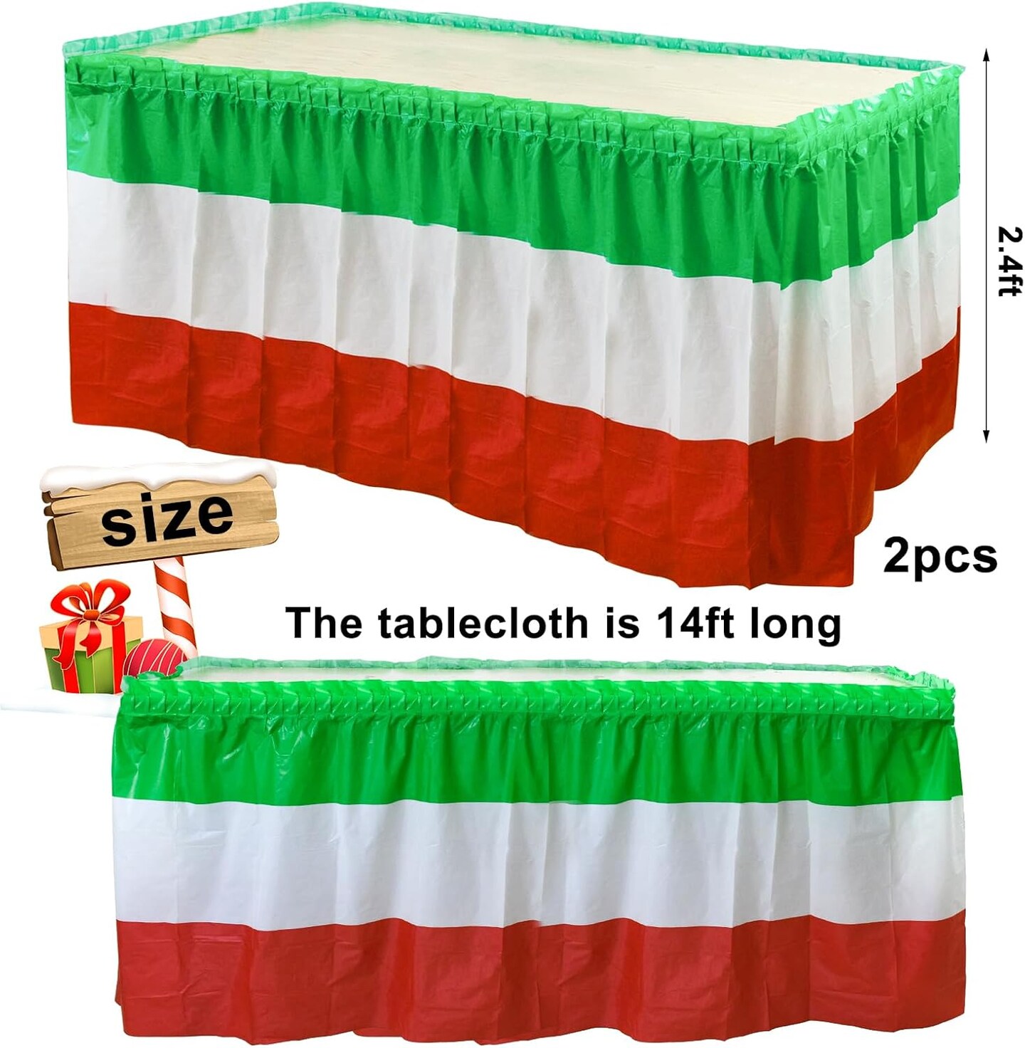 2 Pack Christmas Table Skirts Xmas Table Skirts Red White and Green Table Skirts for Rectangle Table Disposable Table Skirts for Christmas Birthday Table Skirt Party Decorations 2.4 x14 Ft