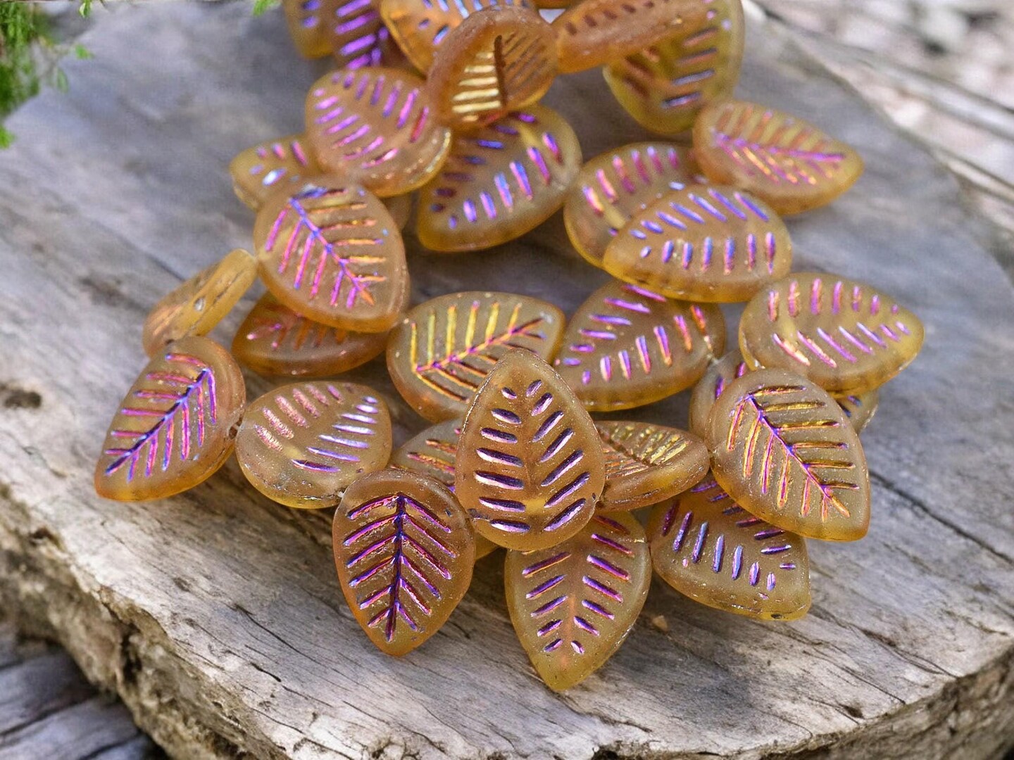 *15* 16x12mm Metallic Volcano Washed Matte Topaz Top Drilled Doogwood Leaf Beads
