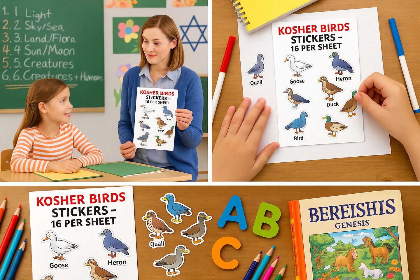 Kosher Birds Stickers – 16 Per Sheet Educational Stickers for Kids, Classrooms & Crafts