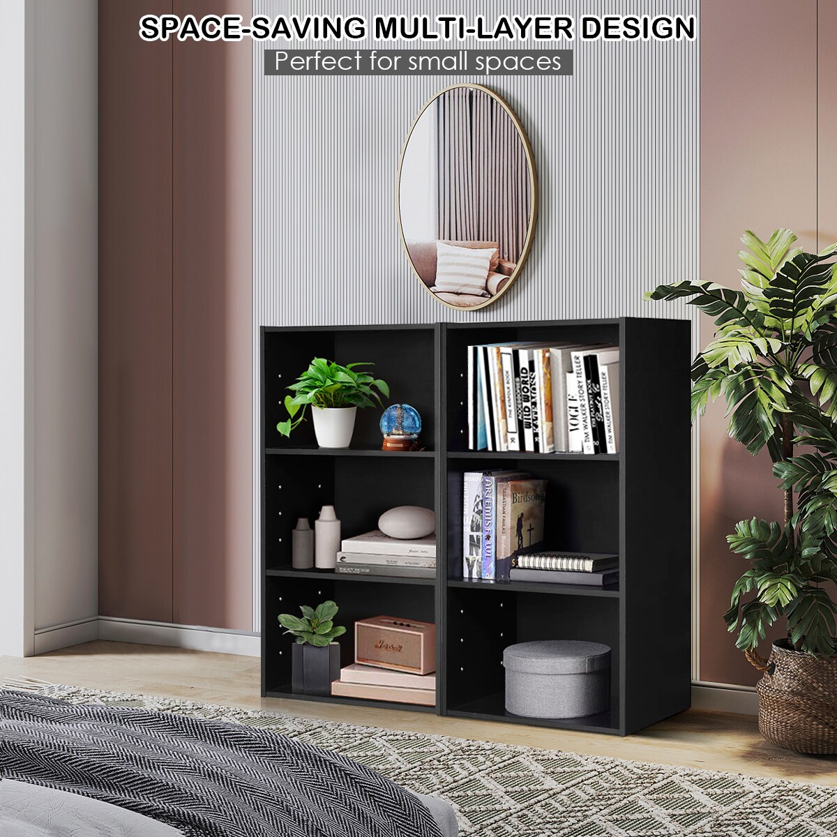 Costway 2 PCS 3 Tier Open Shelf Bookcase Multi-functional Storage Display Cabinet Black