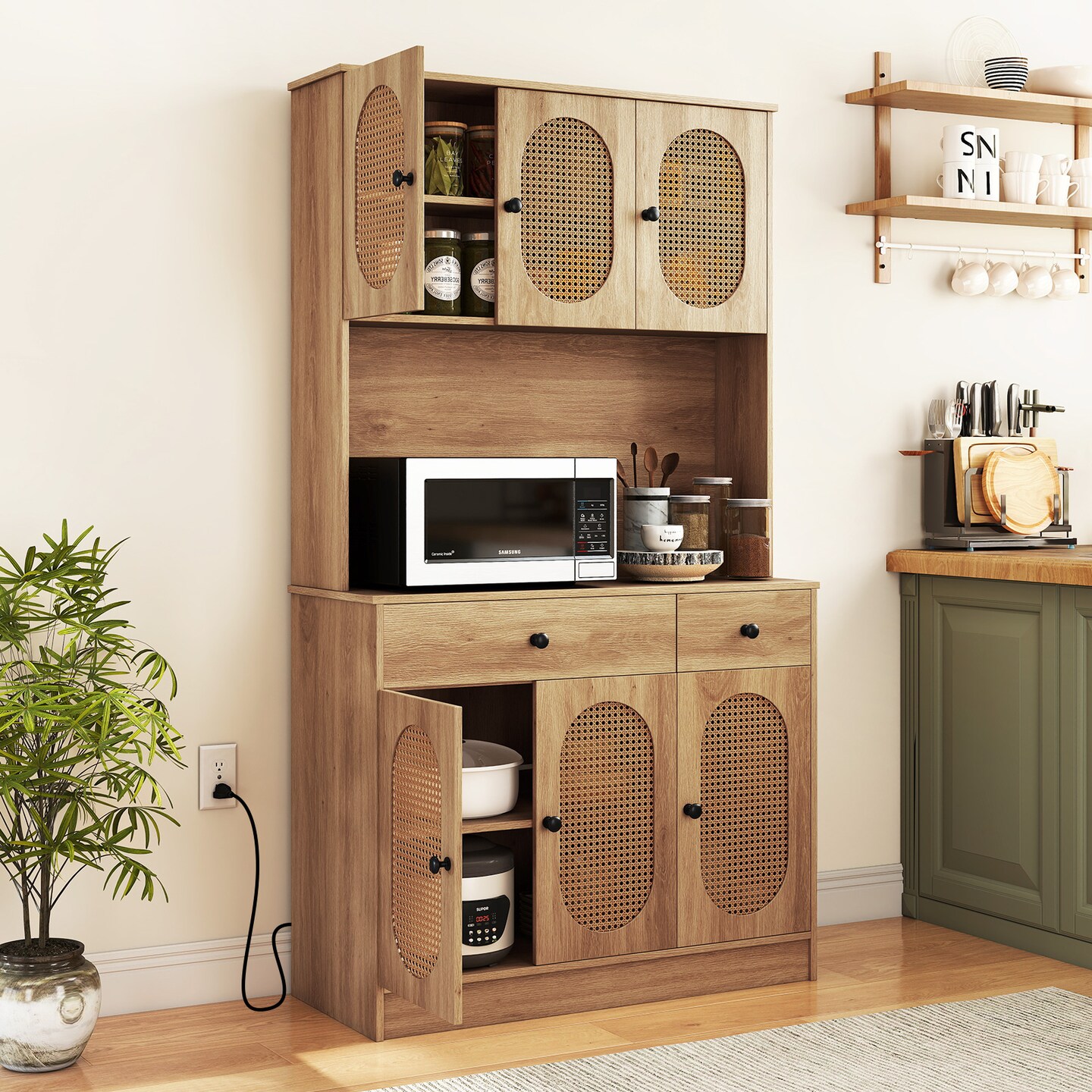 71&#x22; Tall Natural Wooden Kitchen Storage Cabinet with Drawers and Adjustable Shelves and Rattan Doors