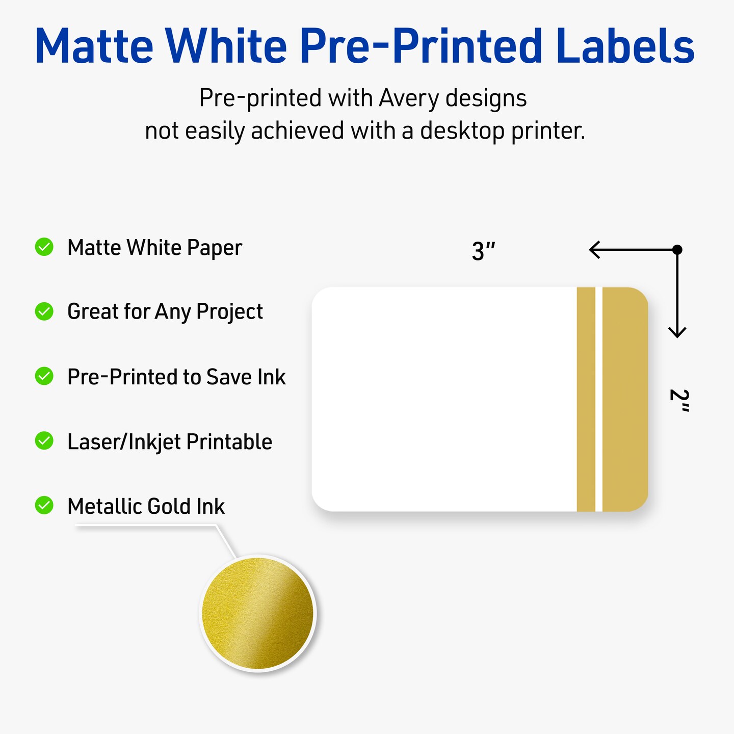 Avery Printable Rectangle Labels, Gold Double-Dipped Edge, 2" x 3", Matte White Rectangle Labels, Permanent, Laser/Inkjet, 80ct, Great for Product Labels