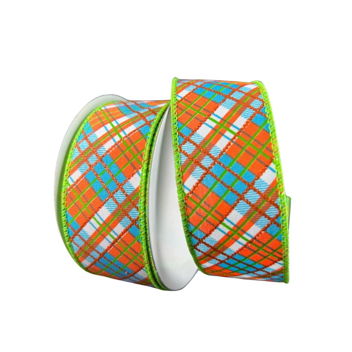 1.5&#x22; White Satin Busy Plaid Ribbon: Teal, Lime and Orange (10 Yards)