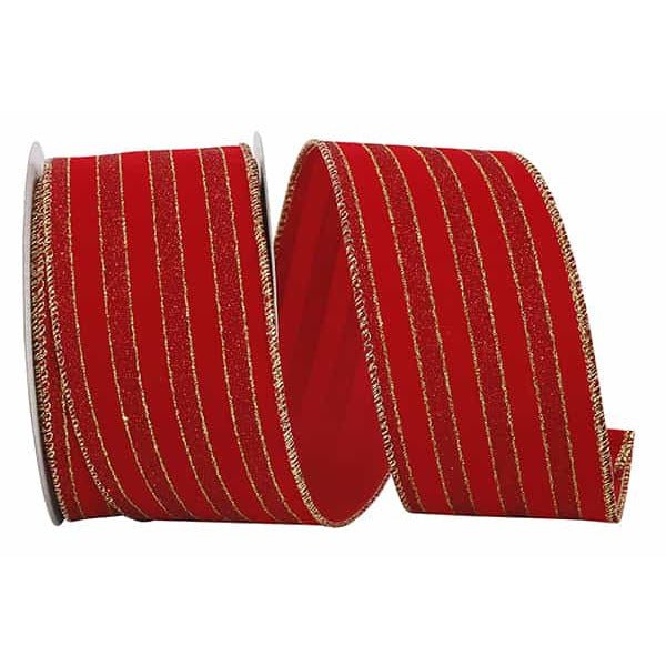 2.5&#x22; Glitter Stripe Velvet Ribbon: Red/Gold (10 Yards)