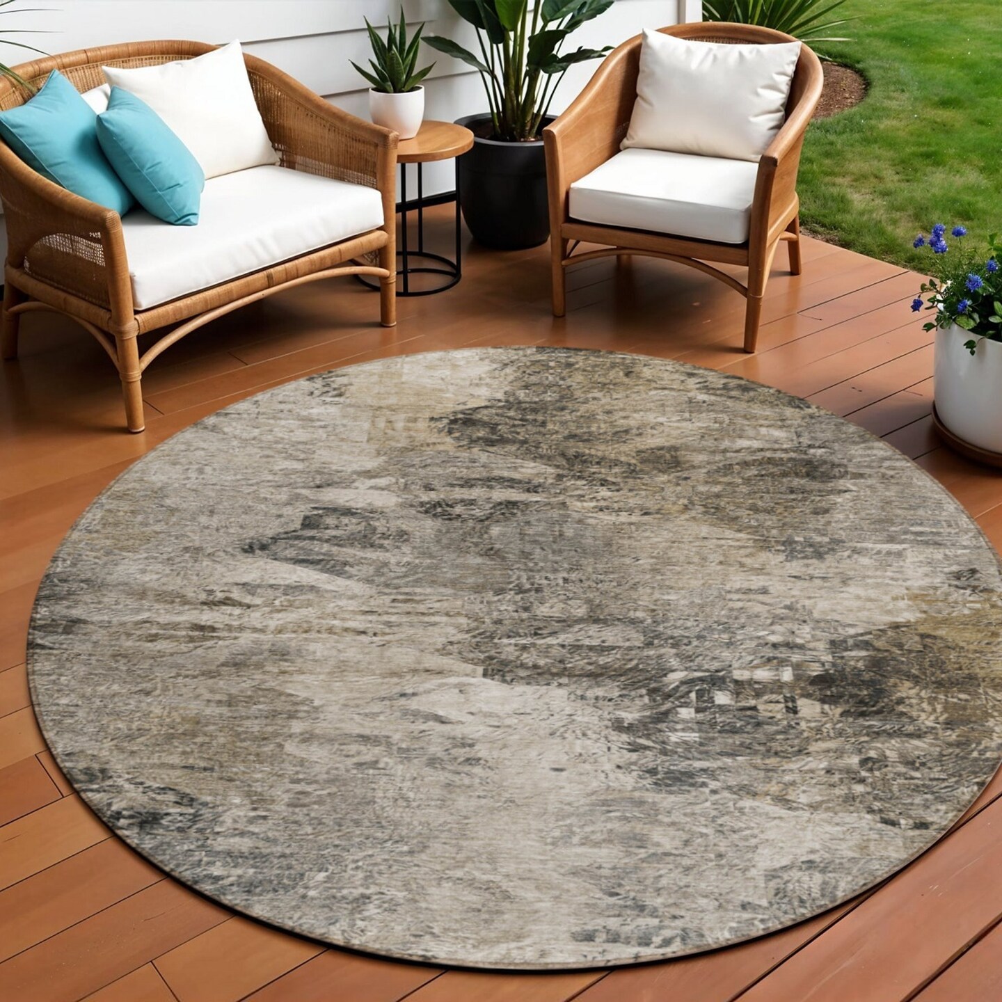 Edge Collections - 8' - Brown - Abstract Round Area Rug for Outdoor and Indoor Use - 1 Piece