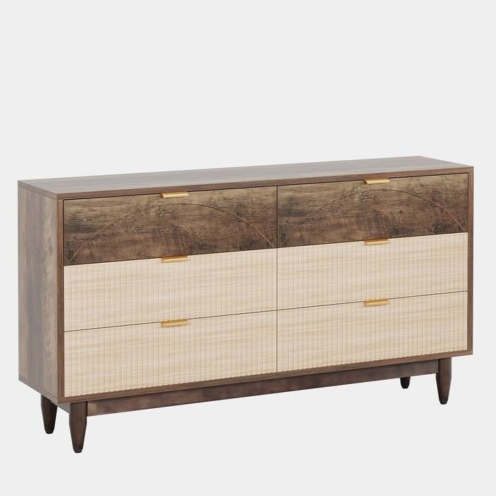 Modern 6-Drawer Wooden Dresser with Wavy Fronts and Double-Arc Design for Home Storage
