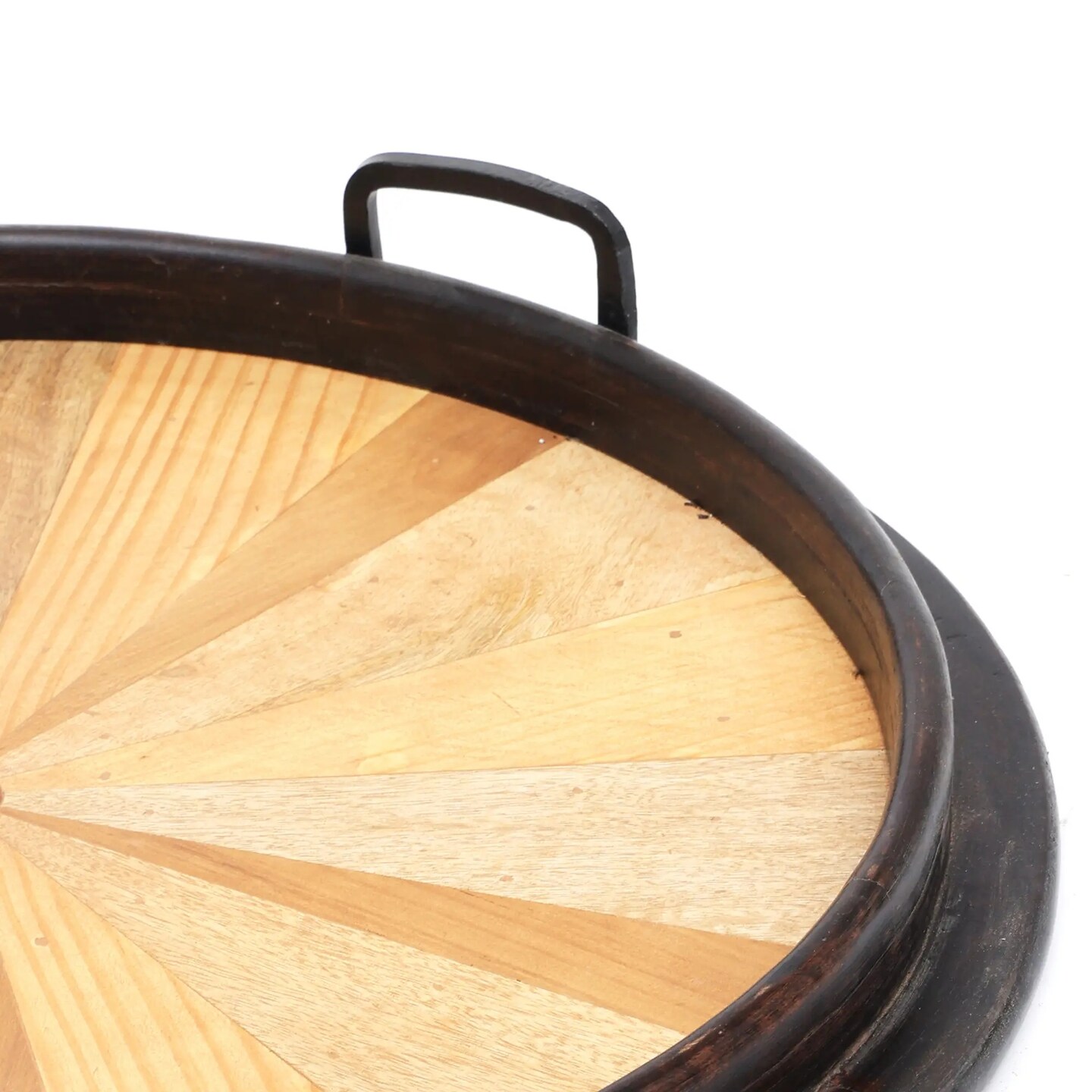 Round Wooden Serving Tray with Sunburst Inlay &#x2013; 23.5&#x22; Decorative Tray with Black Rim &#x26; Handles