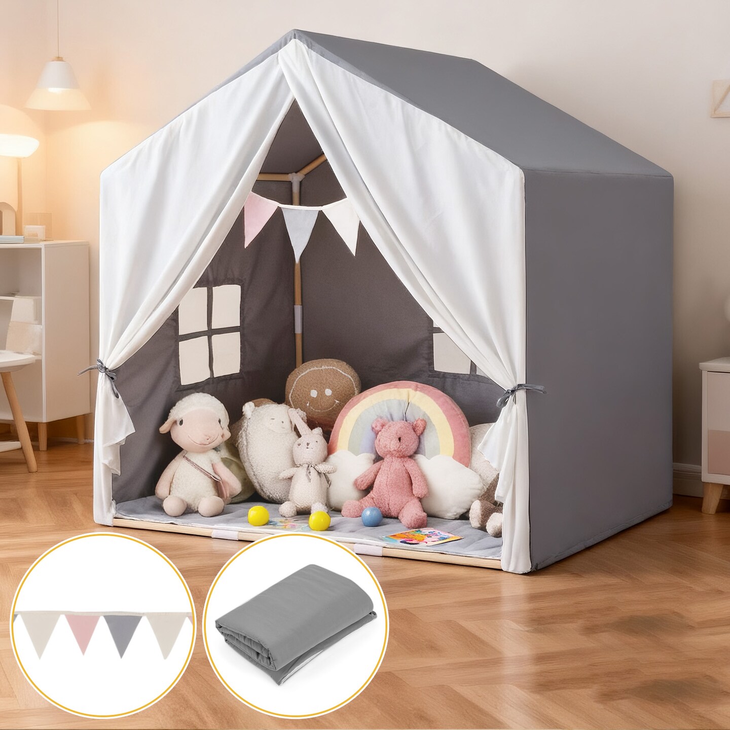 Grey Pine Wood Kids Play Tent with Fabric Mat, Windows and Flag Banner