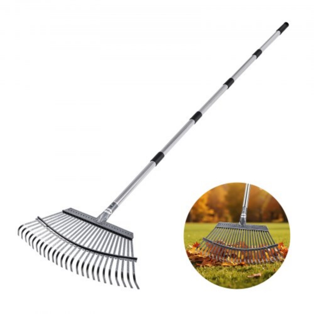 Heavy-Duty Metal Leaf Rake with 25 Stainless Steel Tines and Foldable Adjustable Handle