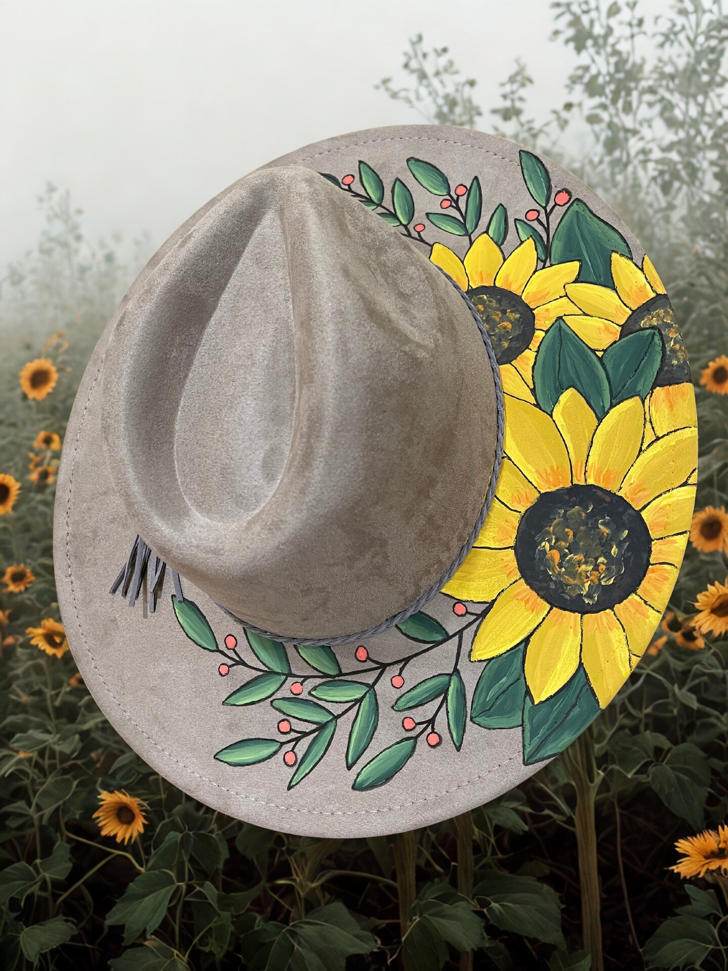 Hand-Painted Sunflower Wool Hat By Uno Alla Volta & Complit M Italy Box EUC Sunflowers Western Hand Painted Hat | MakerPlace by Michaels main image 3