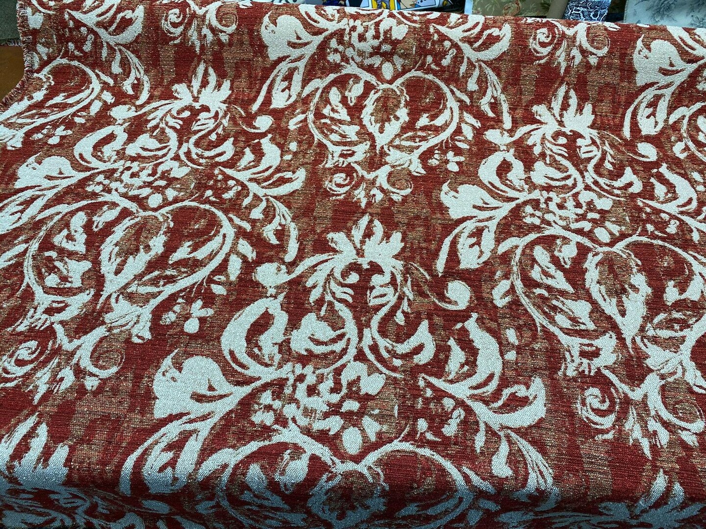 1 Yard Mill Creek Moldavia Ruby Red Chenille Tapestry Upholstery Fabric 56 inch Width