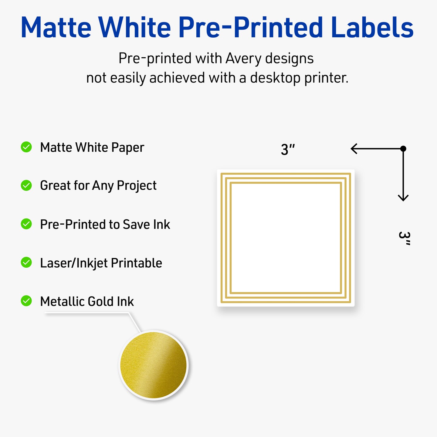 Avery Printable Square Labels, Gold Multi-Lined Border, 3" x 3", Matte White Square Labels, Permanent, Laser/Inkjet, 60ct, Great for Product Labels