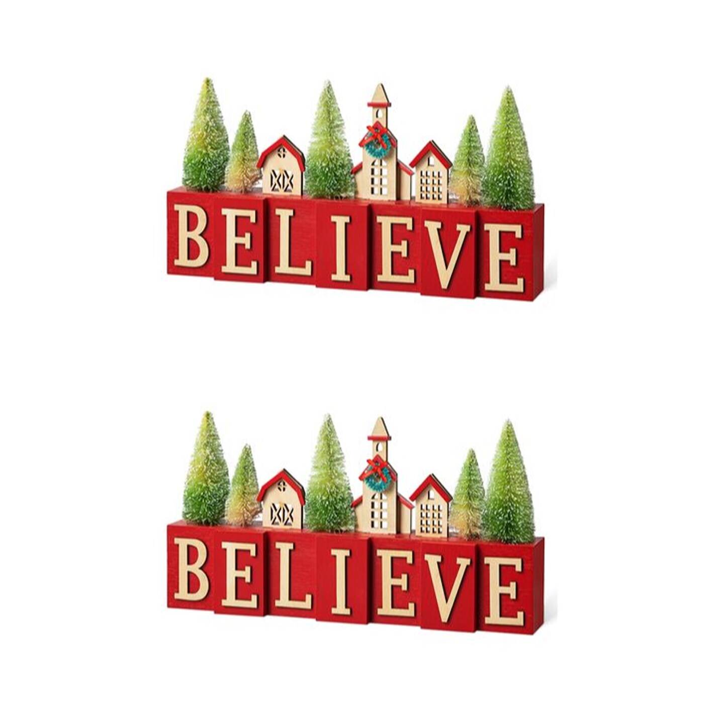 Set of 2 14"L Christmas Wooden House/Brush Trees Table Décor