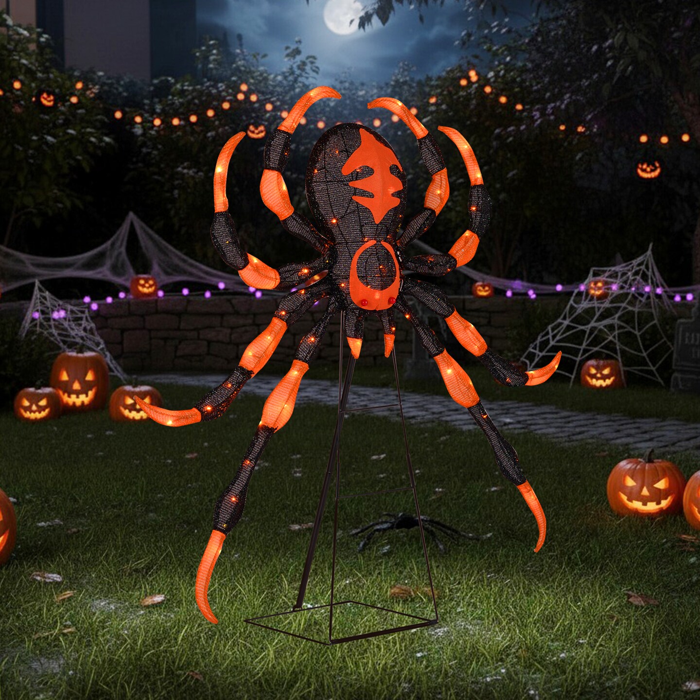 Orange-Black LED Metal Fabric Spider with Flickering Lights &#x2013; 52 inches Halloween Decor