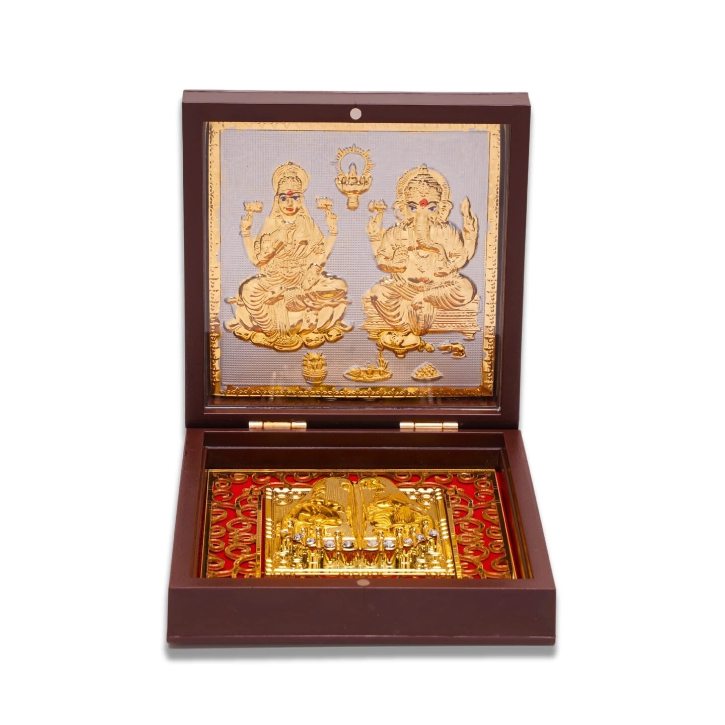 Gold Plated Laxmi Ganesh Photo Frame with Charan Paduka for Diwali Housewarming Return Gift Worship Pooja Room Decor Hindu God Religious Devotional Paduka Prayer Box Momento Prosperity Gift