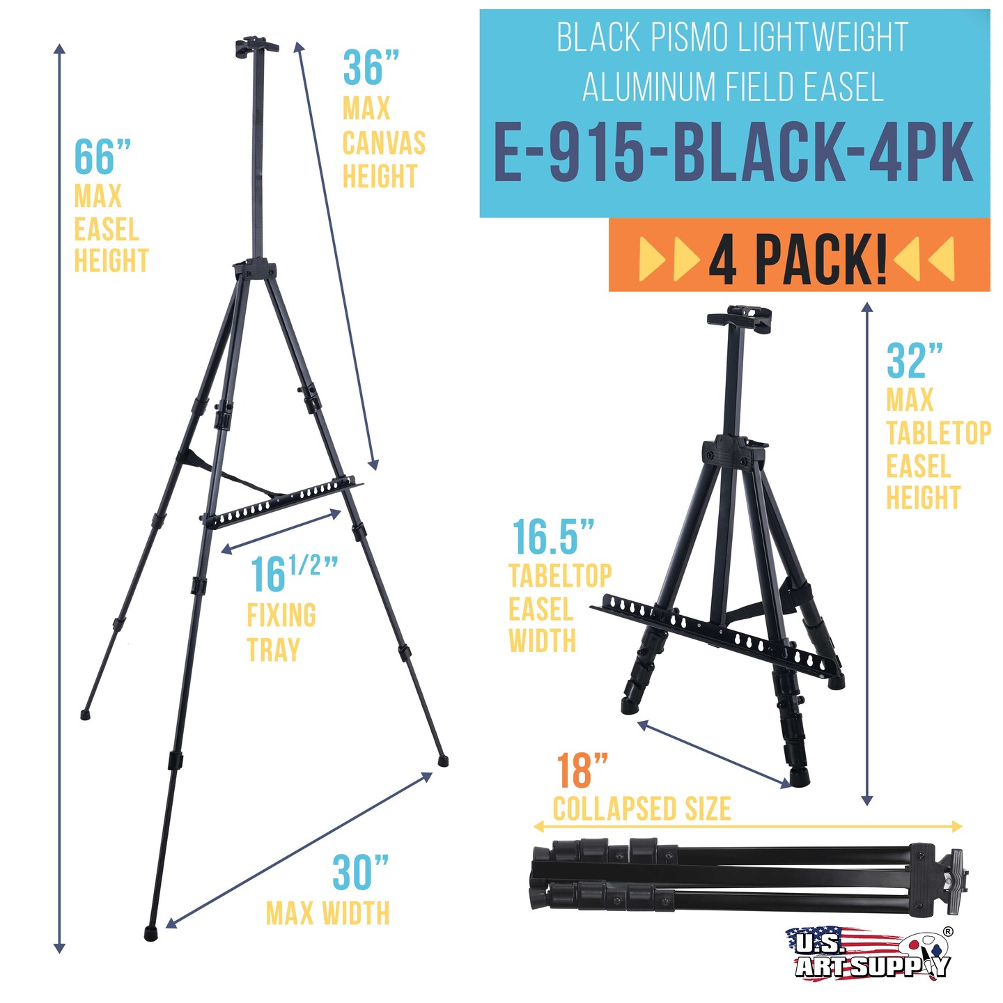 66&#x22; Black Metal Tripod Easel Display (4 Pack) - Adjustable 20&#x22;- 5.5&#x27;, Holds 32&#x22; Canvas - Floor/Tabletop Easel Stand, For Sign Display, Painting, Poster Board, Canvas - Portable Bag