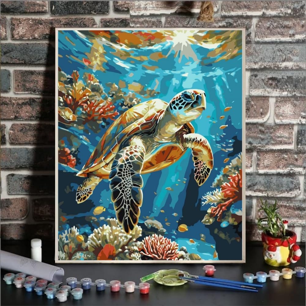 Painting by Numbers for Adults Number Oil Painting Kit Paint by Numbers Kit Beginner Turtle DIY Painting Kits for Adults Without Frame Paint by Number On Canvas for Gift Home Wall Decor