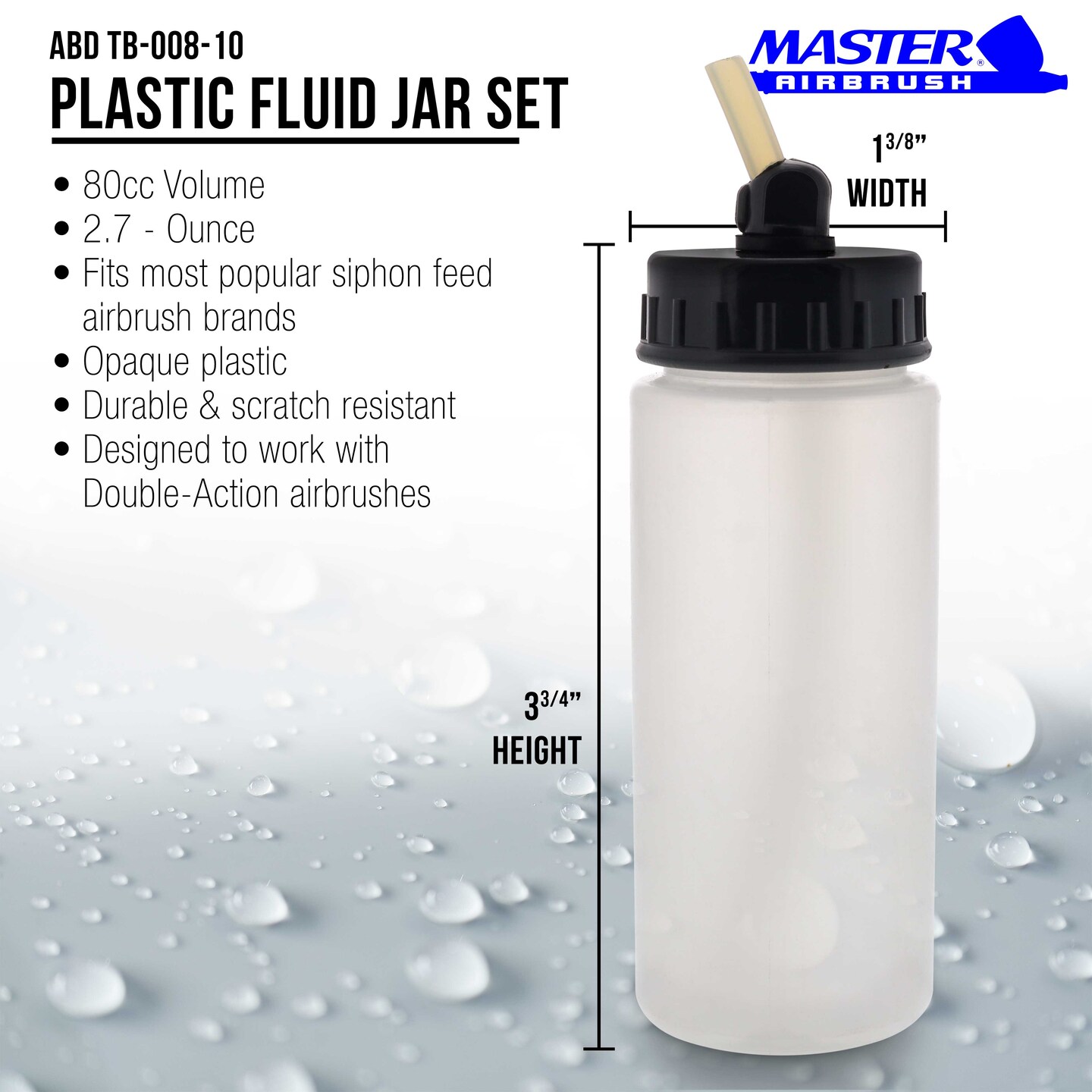 10 Pack Master Airbrush TB-008, 2.7oz Plastic Jar Bottles with 30&#xB0; degrees Down Angle Adaptor Lid Assembly, Single-Action Siphon