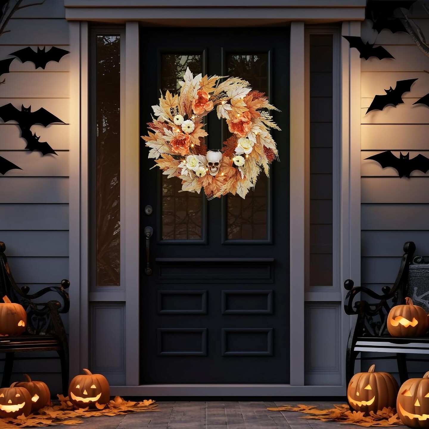 22 Inch Halloween Skull Wreath with Lights, White Pumpkins Roses