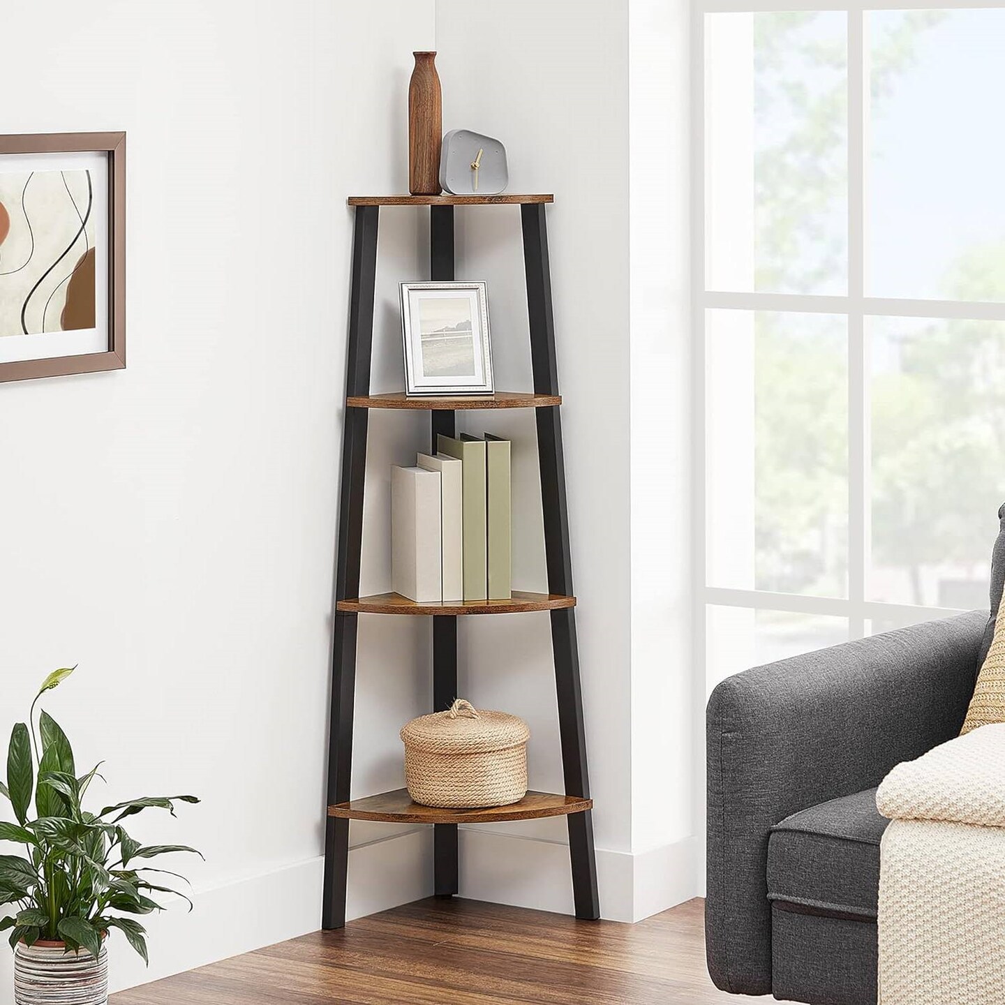 4-Tier Open Corner Stand with Vintage Wood Shelves Decorative Storage for Home or Office