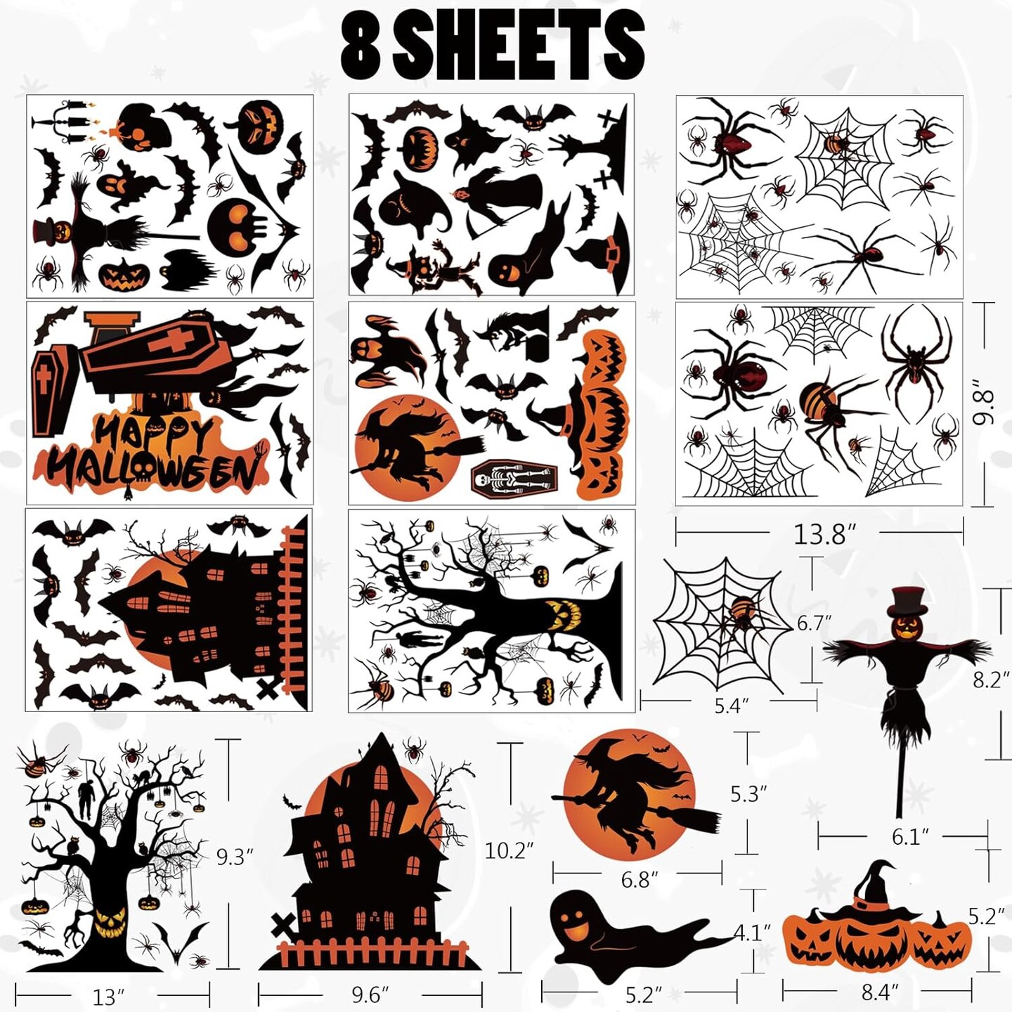 8 Sheets of Halloween Window Decals - Haunted Hous Spooky Tree