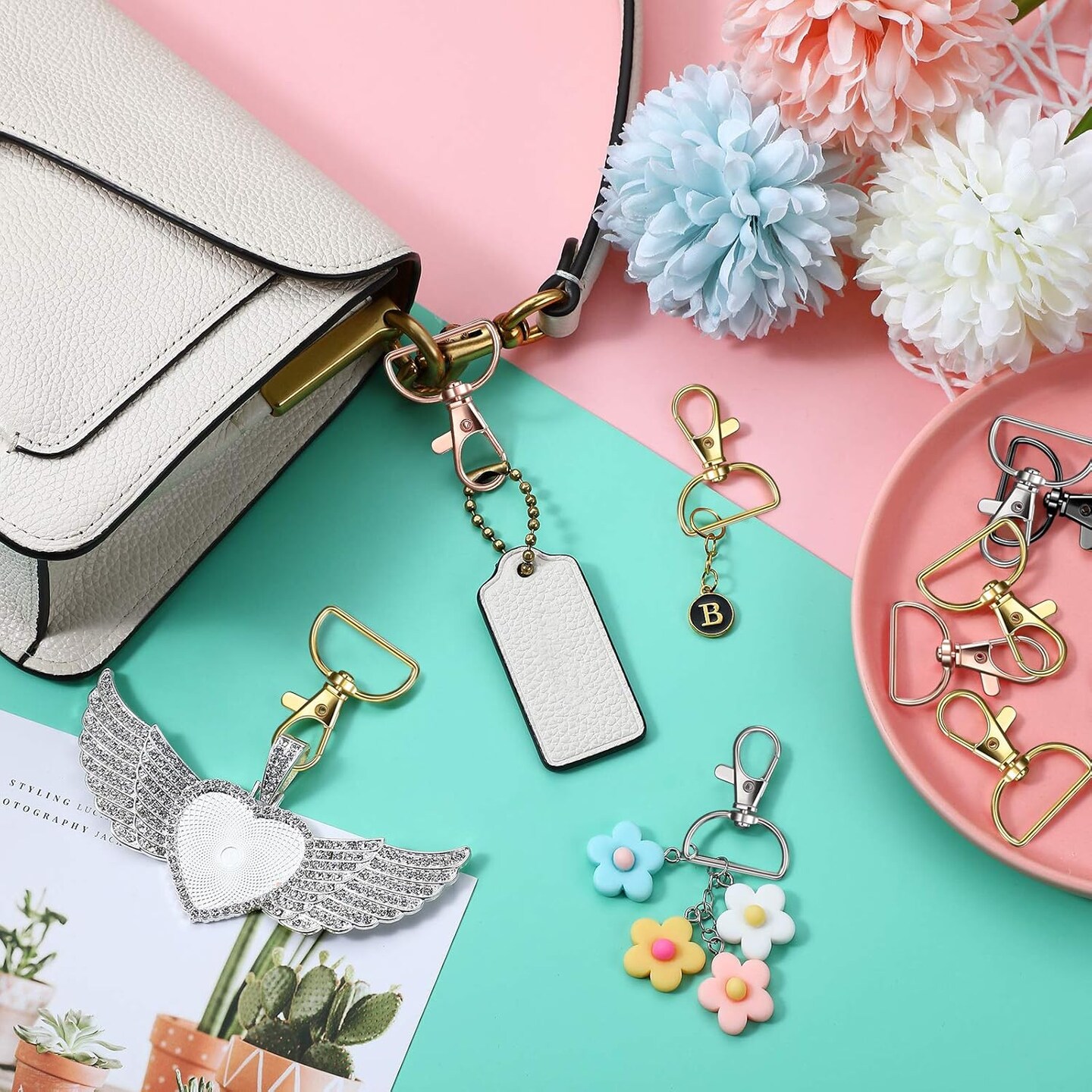 25 Pcs Metal Swivel Clasp Hooks D Ring Keychain Making Kit(Silver)