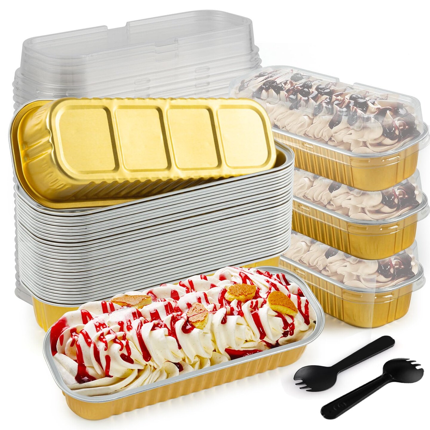 60Pcs Mini Loaf Pans with Lids and Spoons, Aluminum Foil Baking Pans, Rectangle Mini Cake Pan, Brownie Baking Cups for Picnics Party (Gold)
