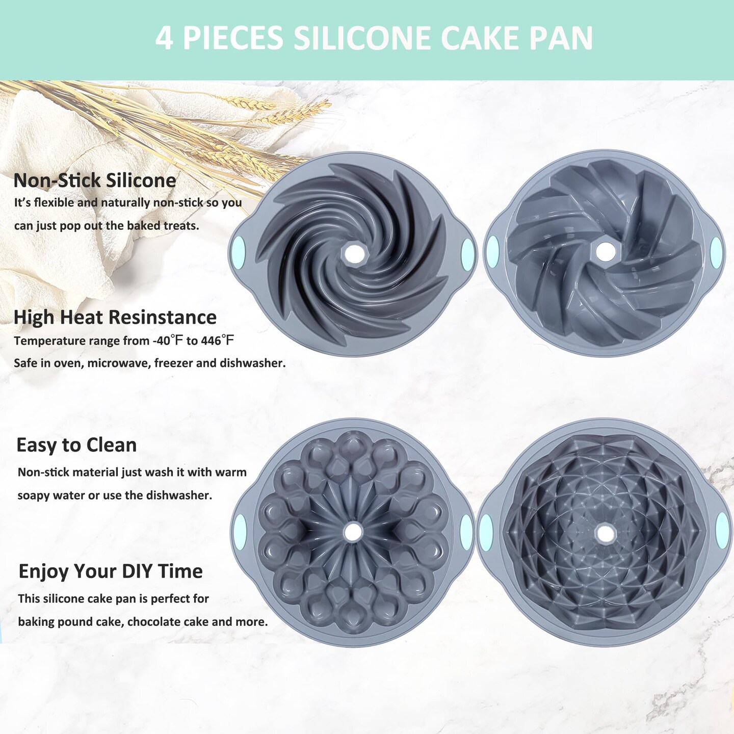 4 Pieces Silicone Fluted Cake Pans, 9/10/12 Cups Tube Baking Pan, Silicone Molds for Homemade Cake, Bread and Jello, Non-Stick, Grey