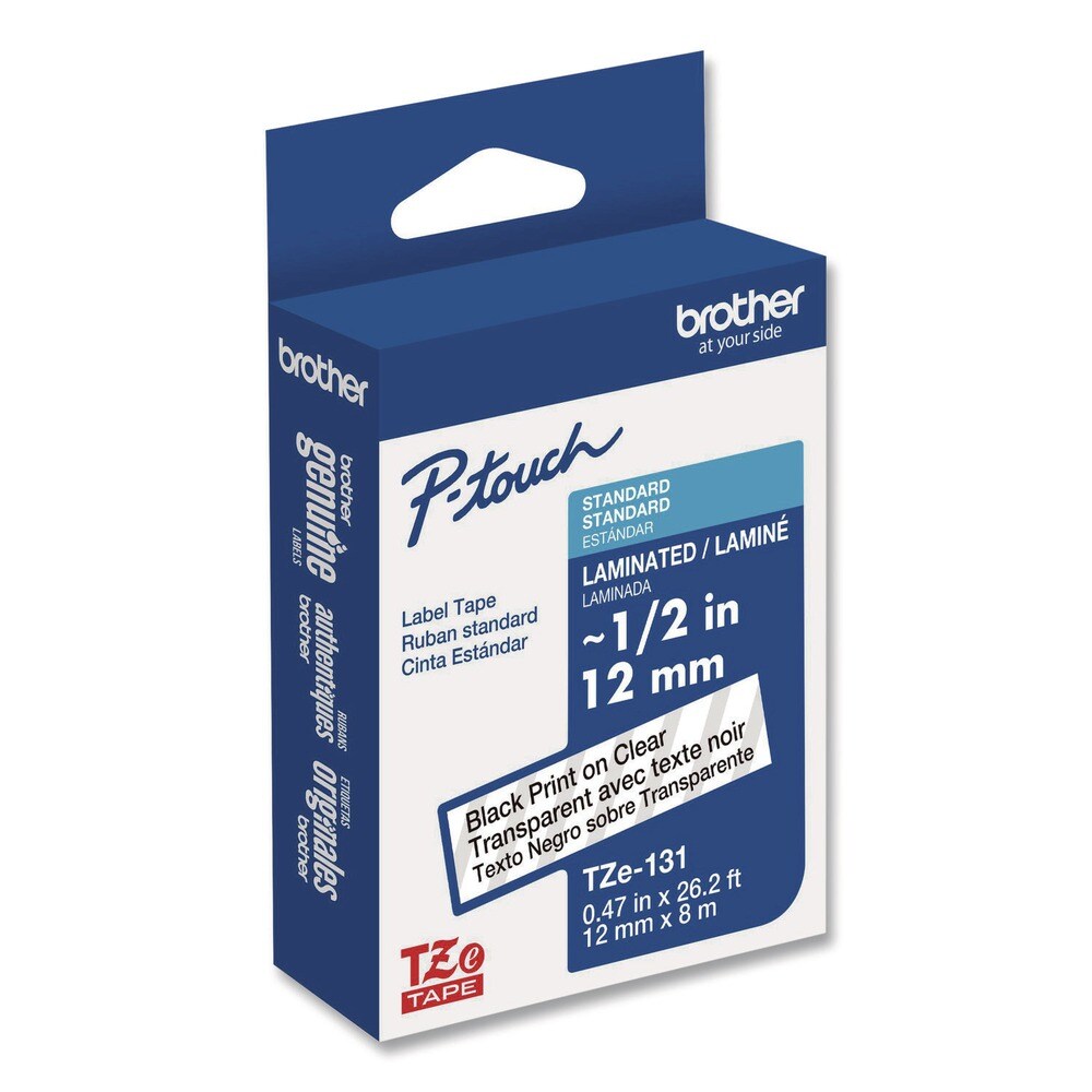 Brother P-Touch 0.47 in. x 26.2 ft. TZe Standard Adhesive Laminated Labeling Tape - Black on Clear