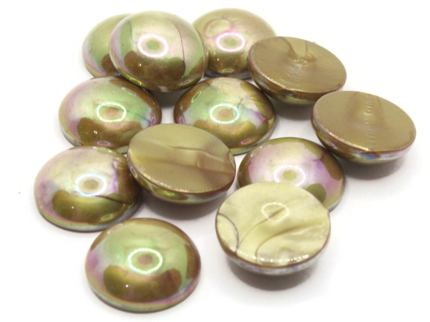 12 15mm Shiny Green Brown Flatback Round Vintage Lucite Plastic Cabochons