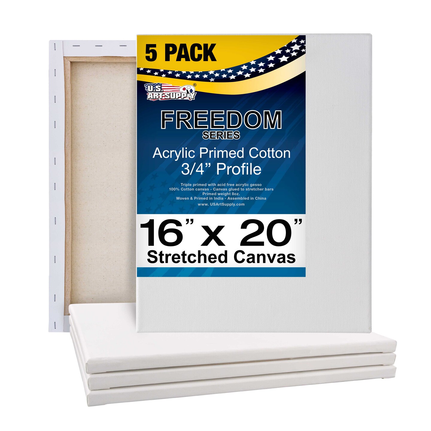 16 x 20 inch Stretched Canvas Super Value 5-Pack - Triple Primed Professional Artist Quality White Blank 5/8&#x22; Profile, 100% Cotton, Heavy-Weight Gesso