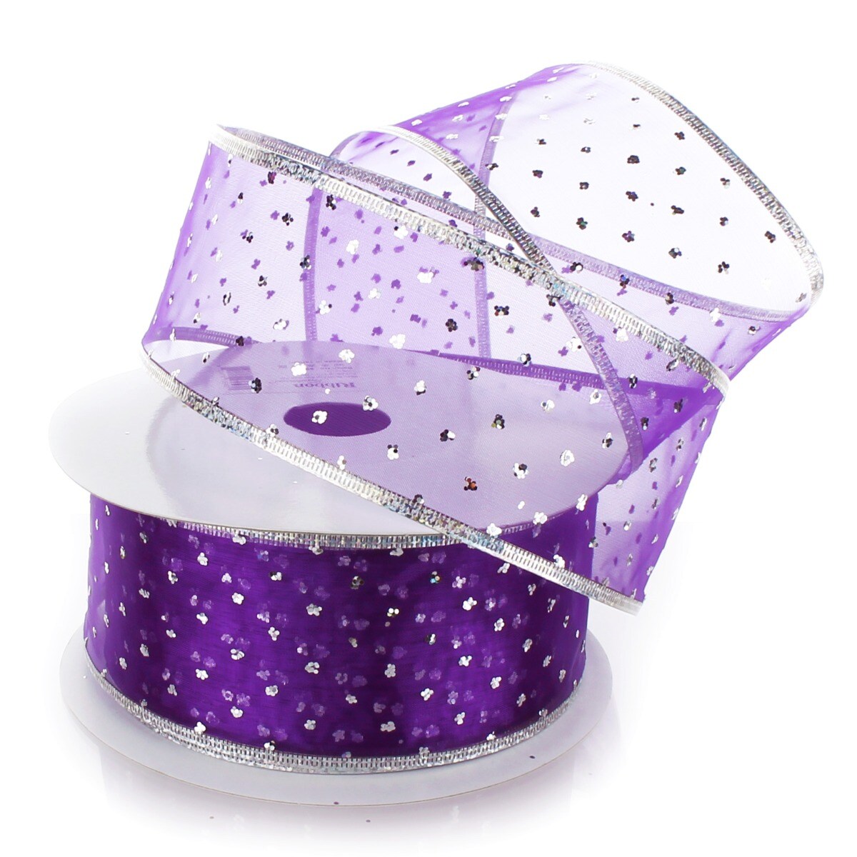 2 1/2&#x22; Wired Ribbon Metallic Banded Edge Sheer Glitter Dots Purple/Silver - 10 Yards