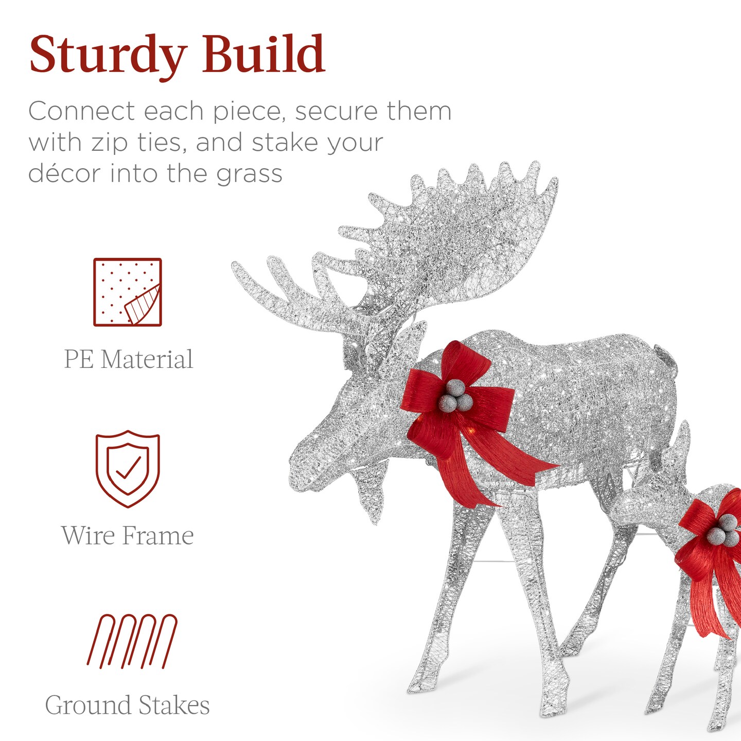 Best Choice Products 2-Piece Moose Family Lighted Christmas Yard D&#xE9;cor Set w/ 170 LED Lights, Stakes, Zip Ties