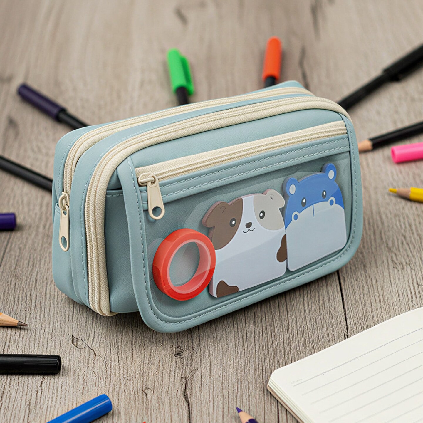 Wrapables 9-Layer Large Capacity Pencil Case with Transparent Compartment, Organizer Pouch for Stationery Tools, Makeup, and Travel, Blue