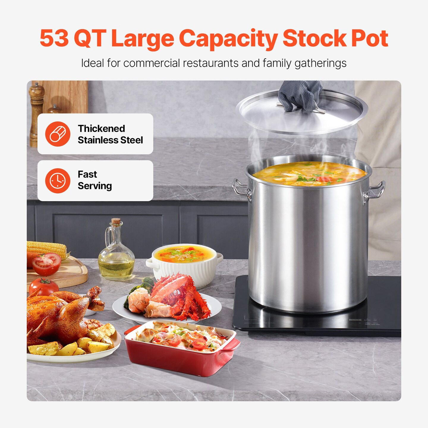 53 QT Commercial Stainless Steel Stock Pot for Boiling Steaming Frying and Cooking Large Meals