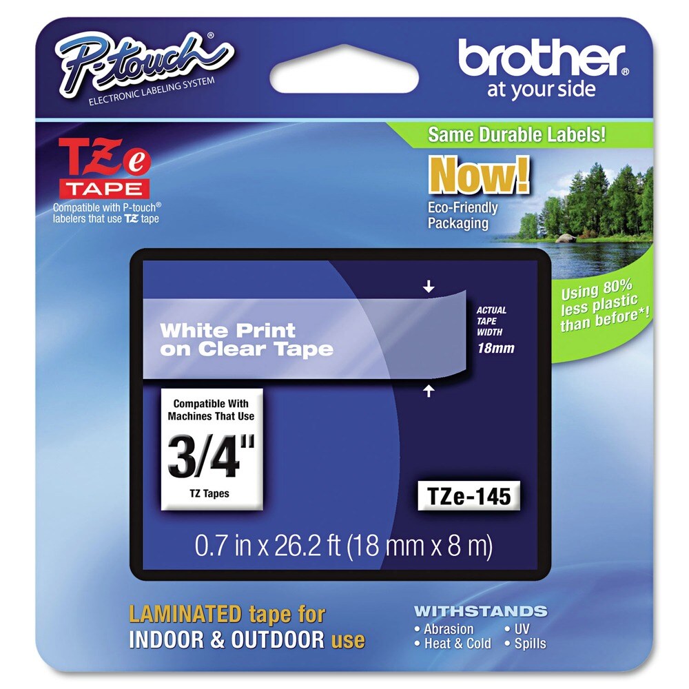Brother P-Touch TZe 0.7 in. x 26.2 ft. Standard Adhesive Laminated Labeling Tape - White on Clear