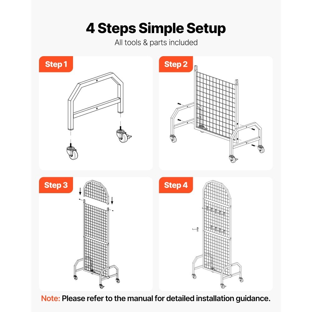 Black Grid Wall Panel Set Heavy Duty Carbon Steel Display Rack with 6 Panels and Casters