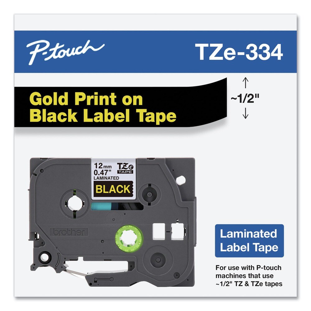 Brother P-Touch 0.47 in. x 26.2 ft. TZe Standard Adhesive Laminated Labeling Tape - Gold on Black