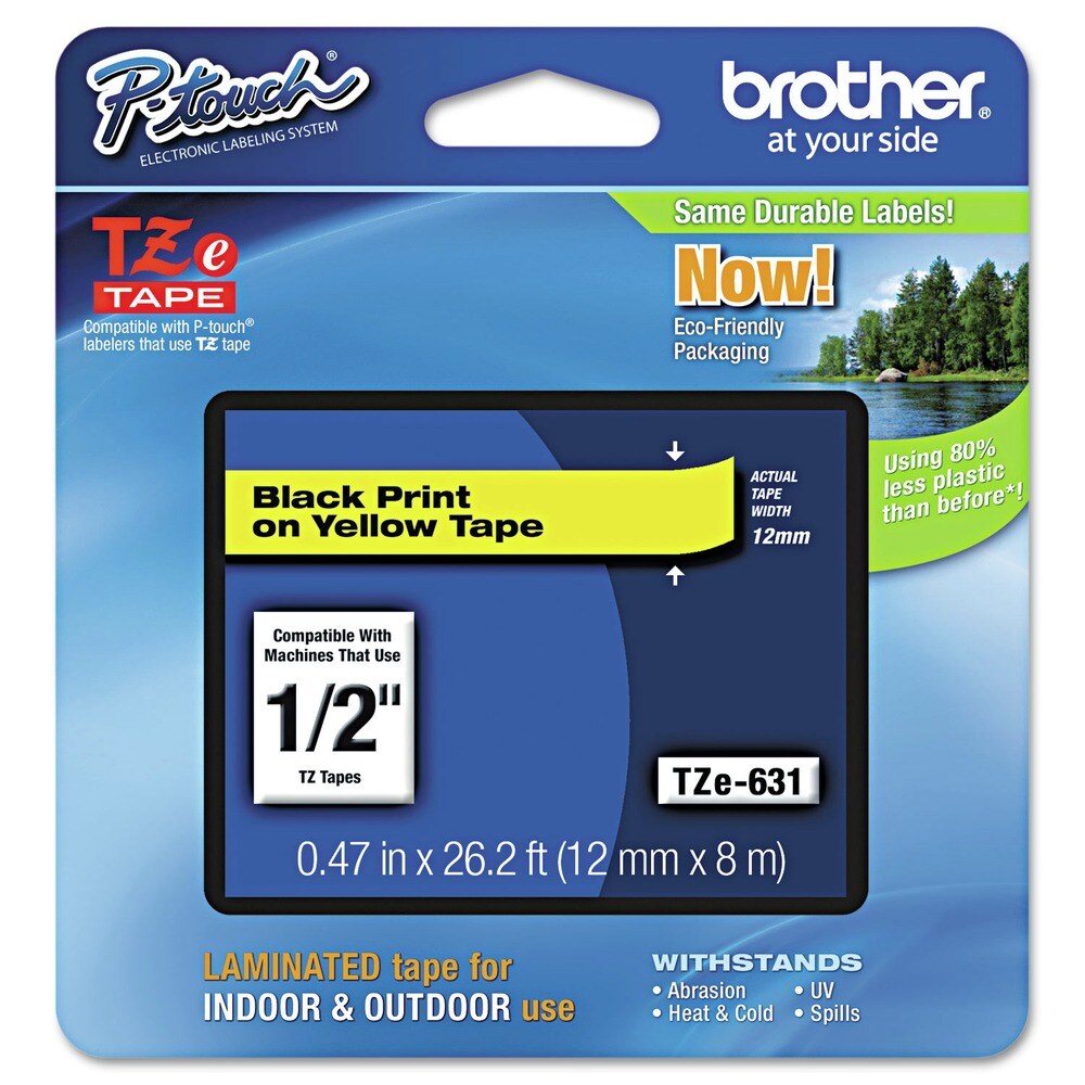 Brother P-Touch 0.47 in. x 26.2 ft. TZe Standard Adhesive Laminated Labeling Tape - Black on Yellow