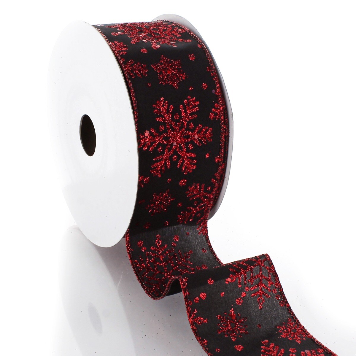 2 1/2" Wired Ribbon Glitter Snowflakes Satin Black/Red - 25 Yards
