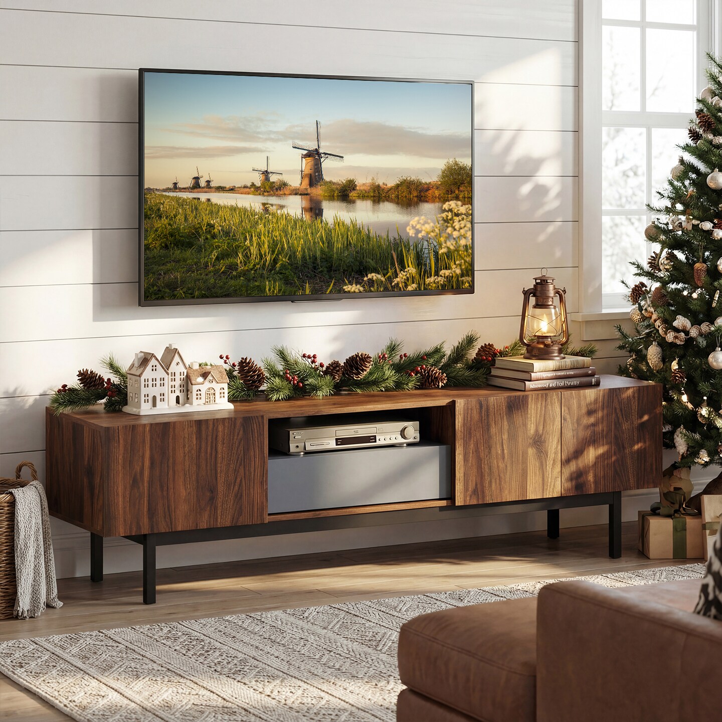 82-Inch TV Stand Mid-Century Modern Cabinet with Drawer for Living Room