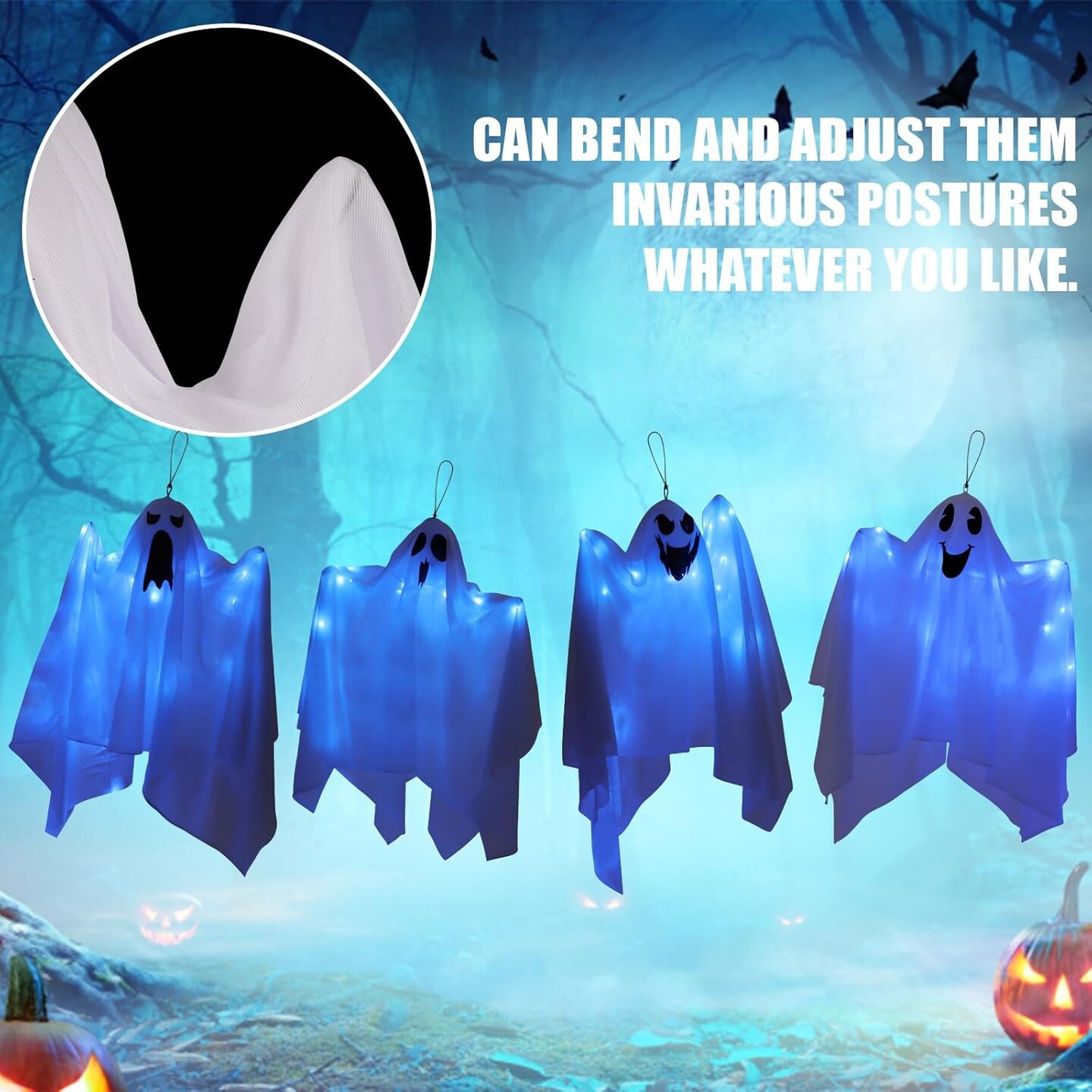 4 Pack Halloween Hanging Ghosts with Blue Lights - 27.5&#x22;