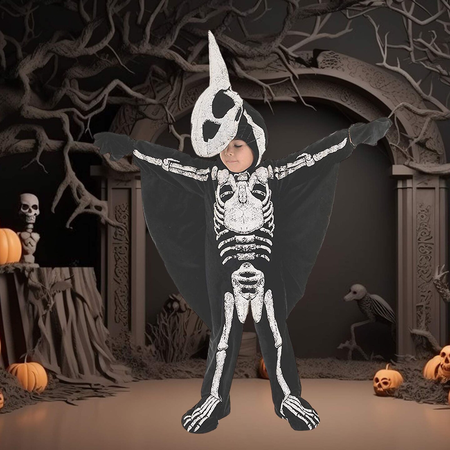 Black Pterodactyl Costume for Kids Halloween Dinosaur Skeleton Dress Up Outfit